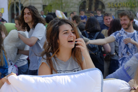 International Pillow Fight Day 2017 in Bucharest, Romania. April 1st in cities around the World.のeditorial素材
