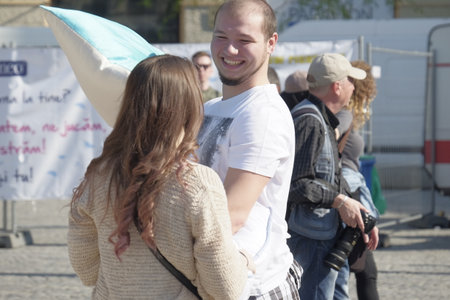 International Pillow Fight Day 2017 in Bucharest, Romania. April 1st in cities around the World.のeditorial素材