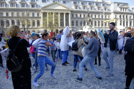 International Pillow Fight Day 2017 in Bucharest, Romania. April 1st in cities around the World.のeditorial素材