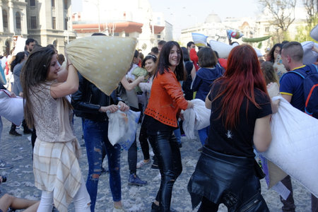 International Pillow Fight Day 2017 in Bucharest, Romania. April 1st in cities around the World.のeditorial素材