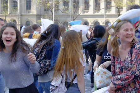International Pillow Fight Day 2017 in Bucharest, Romania. April 1st in cities around the World.のeditorial素材
