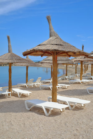 Beach with umbrellas on the shores of the Black Sea. The ideal place to relax and spend wonderful moments.の写真素材