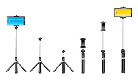 realistic mono pods selfie stick isolated, telescopic smartphone holder photo self portraitのイラスト素材