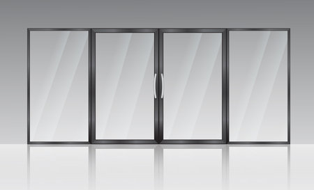 Realistic glass door. Entrance modern glass doors, office or shop mall steel frame. Double glass doors to the shopping center or office.illustration of a layout of an entrance glass door with handlesのイラスト素材