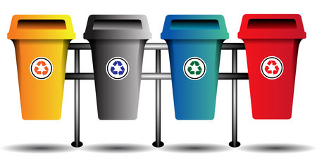 realistic grabage bin in vorious color red, green, blue, yellow. trash bin waste basket, recycling trash basket.のイラスト素材