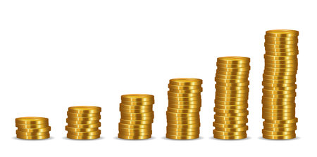 Realistic illustration stacks of gold coins. Gold coins cash money in piles  Isolated on white white backgroundのイラスト素材