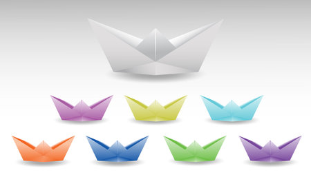 Realistic folded paper boat vector set 

isolated on white background. paper boat 

modern origami. colorful origami boats.のイラスト素材