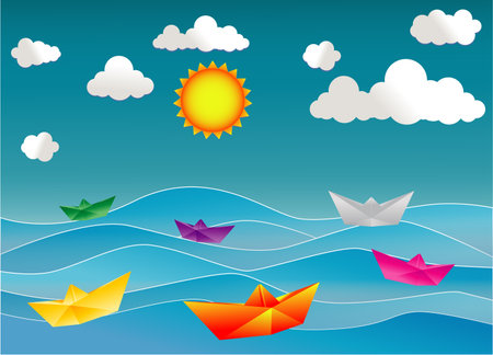 Realistic folded paper boat vector set 

isolated on white background. paper boat 

modern origami. colorful origami boats.のイラスト素材