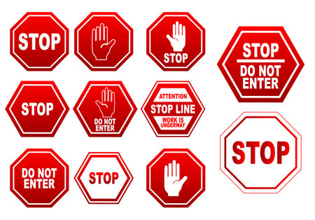 Stop and do not enter sign icon. illustration set of traffic stop and do not enter. Warning and attention. Sign set dangerous, stop and do not enter isolated on white background.のイラスト素材