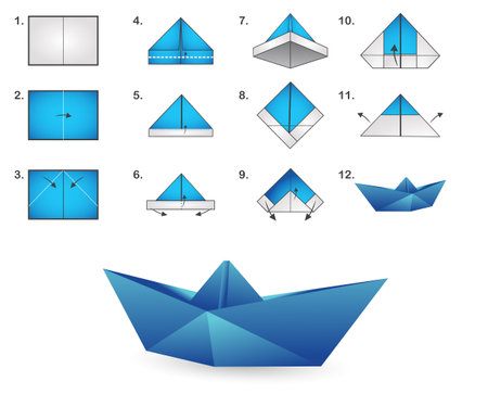 Realistic folded paper boat vector set isolated on white background. paper boat modern origami. colorful origami boat.のイラスト素材
