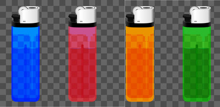 realistic gas lighters of various colors. burning 

match with fire opened matchbox burnt matchstick.のイラスト素材