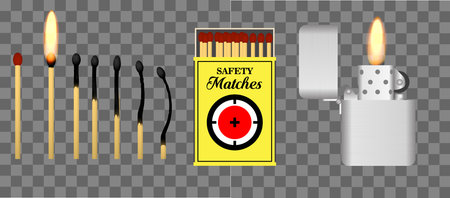 realistic gas lighters of various colors. burning 

match with fire opened matchbox burnt matchstick.のイラスト素材
