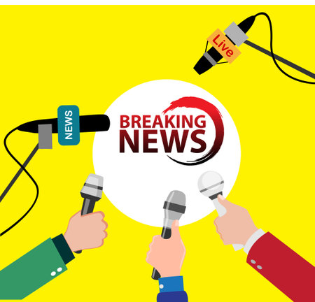 stock vector news conference press media interview 

concept. news microphones tv conference microphone 

hands media reporters broadcasting.のイラスト素材