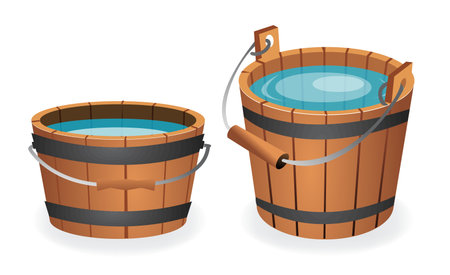wooden bucket with full of water 

isolated on white.のイラスト素材
