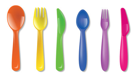 realistic plastic cutlery kids food.のイラスト素材