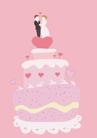 Wedding cake and couple on pink background. のイラスト素材