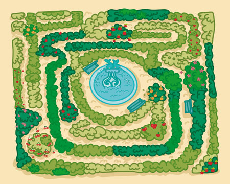 A labyrinth garden, with a fountain in the middle.のイラスト素材