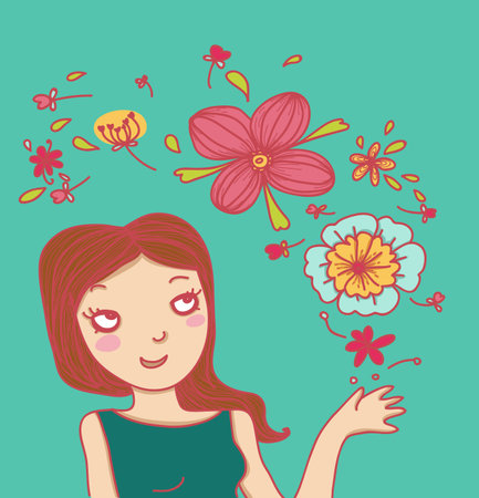smiling woman and flowersのイラスト素材