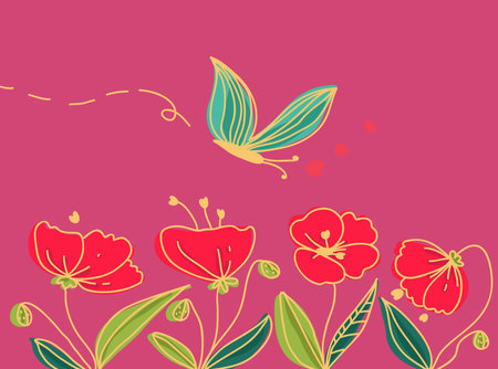 Poppies and butterfly landscapeのイラスト素材