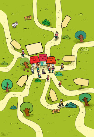 A small town in the middle of a cross road, with many empty signals の写真素材