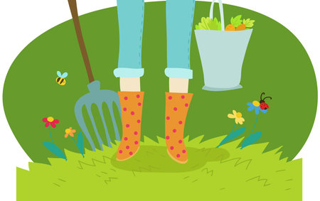 gardening and cultivation cartoon illustration on greenの写真素材