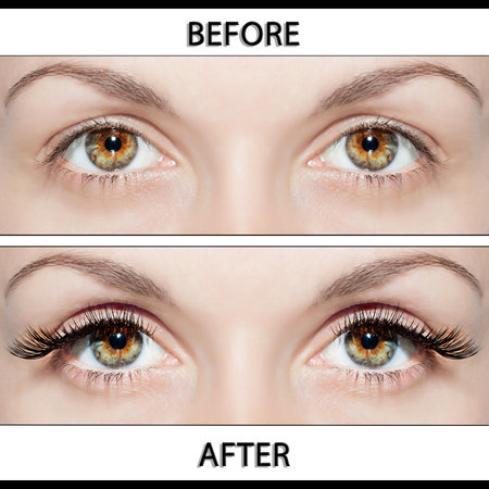 Beautiful eyes with natural eyelashes to and false eyelashes afterの写真素材
