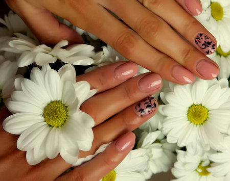 Female hands, nails manicure  and chamomile flowersの写真素材