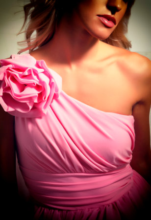 Beautiful blonde girl in evening dress pinkの写真素材