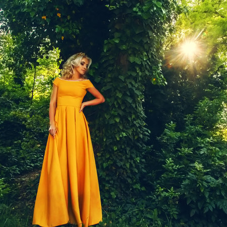 A stunningly beautiful woman wearing a crown and evening 
yellow dress in the woods, on a background of greenの写真素材