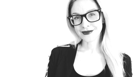 Beautiful woman in glasses smiling, Change of emotions. Black and white sketch.の写真素材