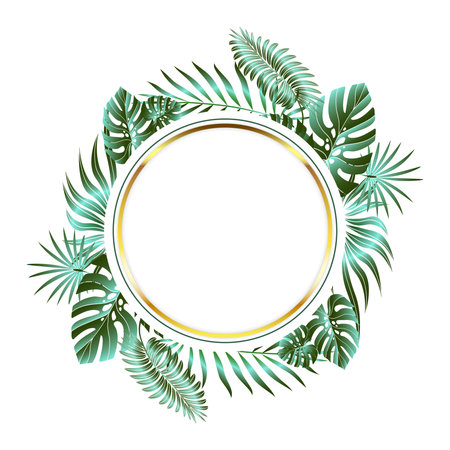 Jungle foliage design for postcard, label, web design or post in social networks. Paradise nature element. Botanical vector illustration isolated on white background.のイラスト素材