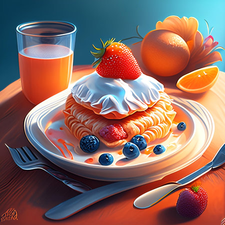 Pancakes with berries and orange juice on a wooden table.の素材