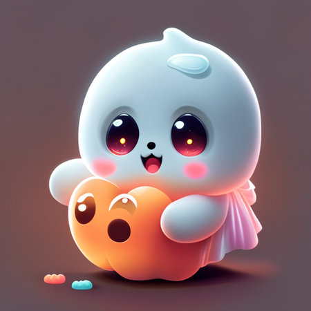 Cute ghost with a pumpkin on a dark background. Vector illustration halloween decorations.の素材