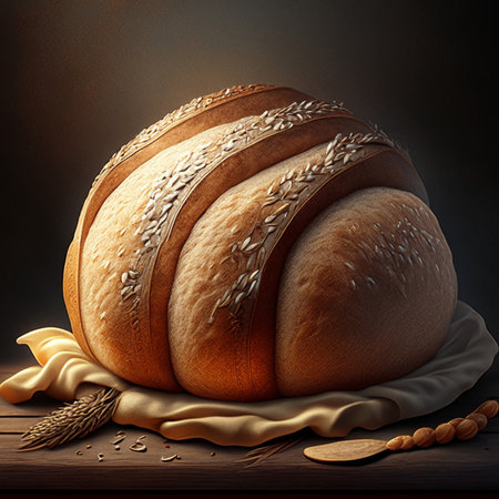 Hot whole wheat bread on wooden background. realistic food illustrationの素材