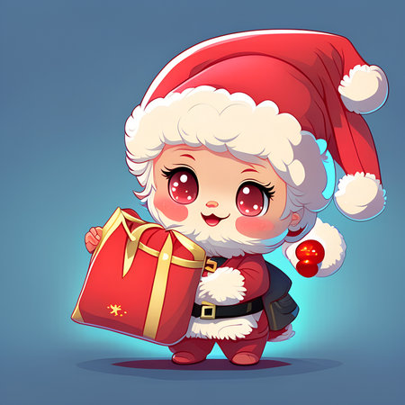 Cute little santa claus with gift box. Vector illustration.の素材