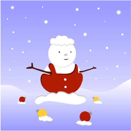 snowman and christmas decoration on blue background. vector illustrationのイラスト素材