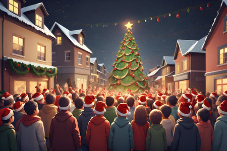 Christmas celebration. Crowd of people wearing santa hats and standing in front of christmas treeの素材