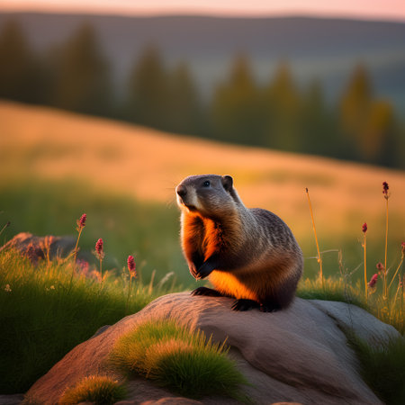 Groundhog standing on a rock in a hillside meadow with soft morning sunlight.の素材