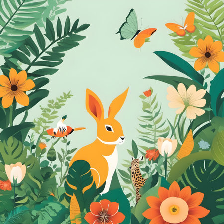 Vector illustration of a rabbit, flowers and butterflies in the garden.の素材