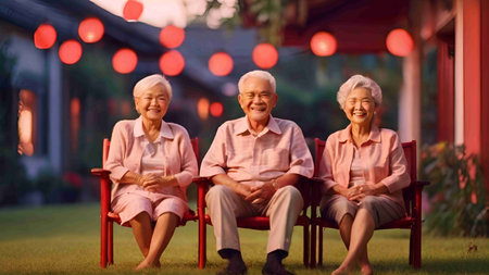 International Day of Happiness, Happy asian senior women sitting on chairs in garden at night.の素材