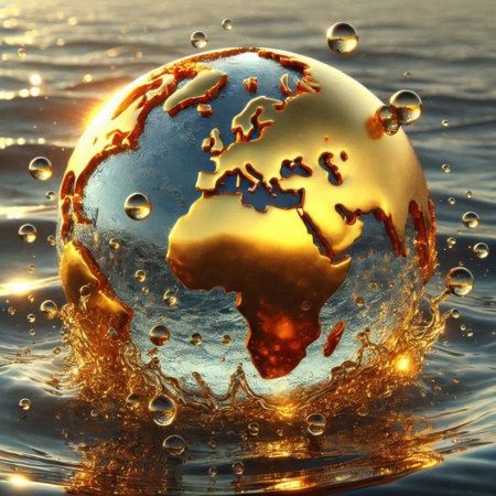 golden planet in water with ripples and waves. 3d illustrationの素材
