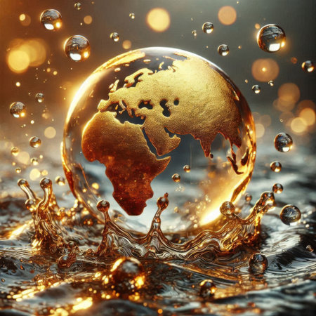 Gold planet in water with splashes and drops. 3d renderingの素材
