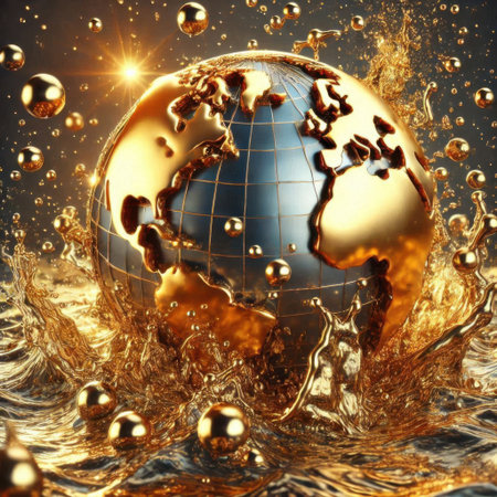 golden globe with water splash on black background. 3d illustrationの素材