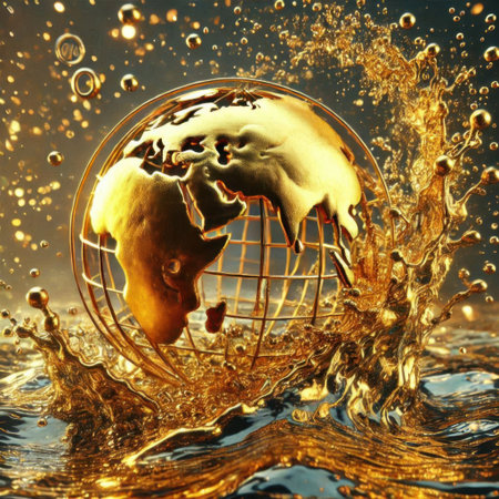Golden planet with water splash on dark background. 3d illustration.の素材