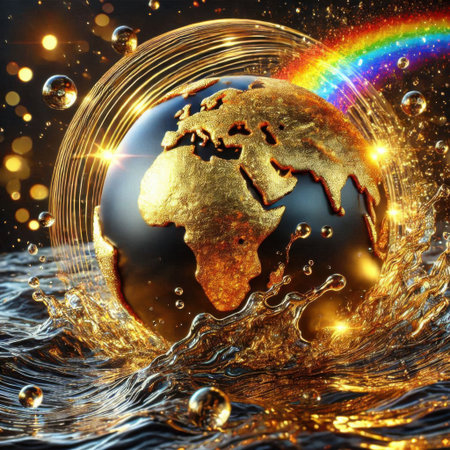 3d illustration of golden earth in the water with a rainbow in the backgroundの素材