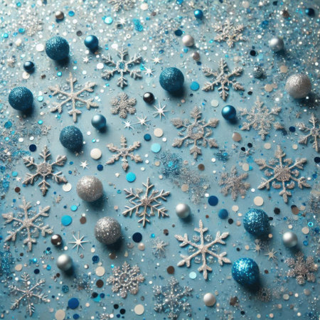 Blue Christmas background with snowflakes and balls. Top view. Silver and blue glitter snowflakes sparkles winter backgroundの素材