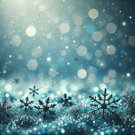 Christmas background with snowflakes and bokeh lights. Festive winter background. Silver and blue glitter snowflakes sparkles winter backgroundの素材