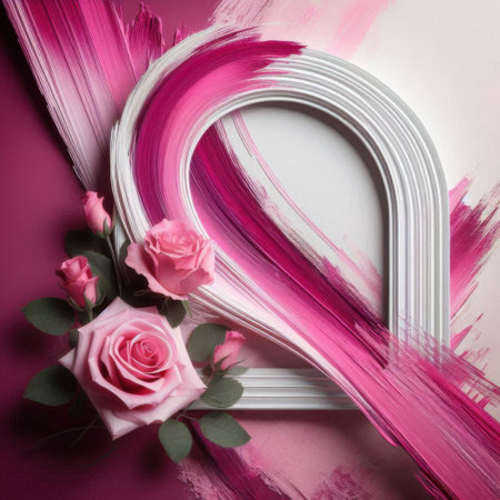 White frame with pink roses on a pink background. Copy space.の素材