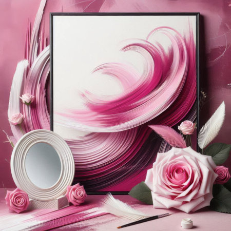Blank photo frame with pink rose and feathers on a pink backgroundの素材