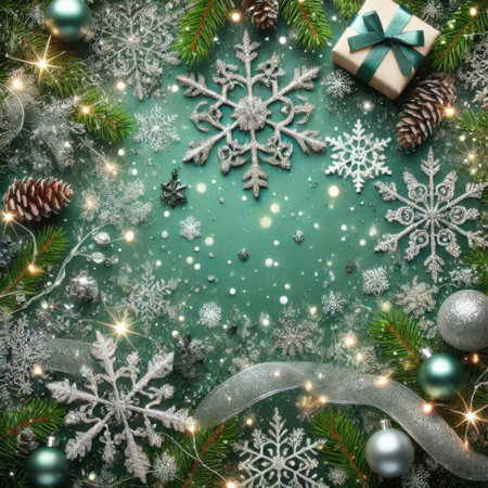 Christmas greeting card. Festive decoration on green background. New Year concept. Copy space.  Flat lay. Top view.の素材